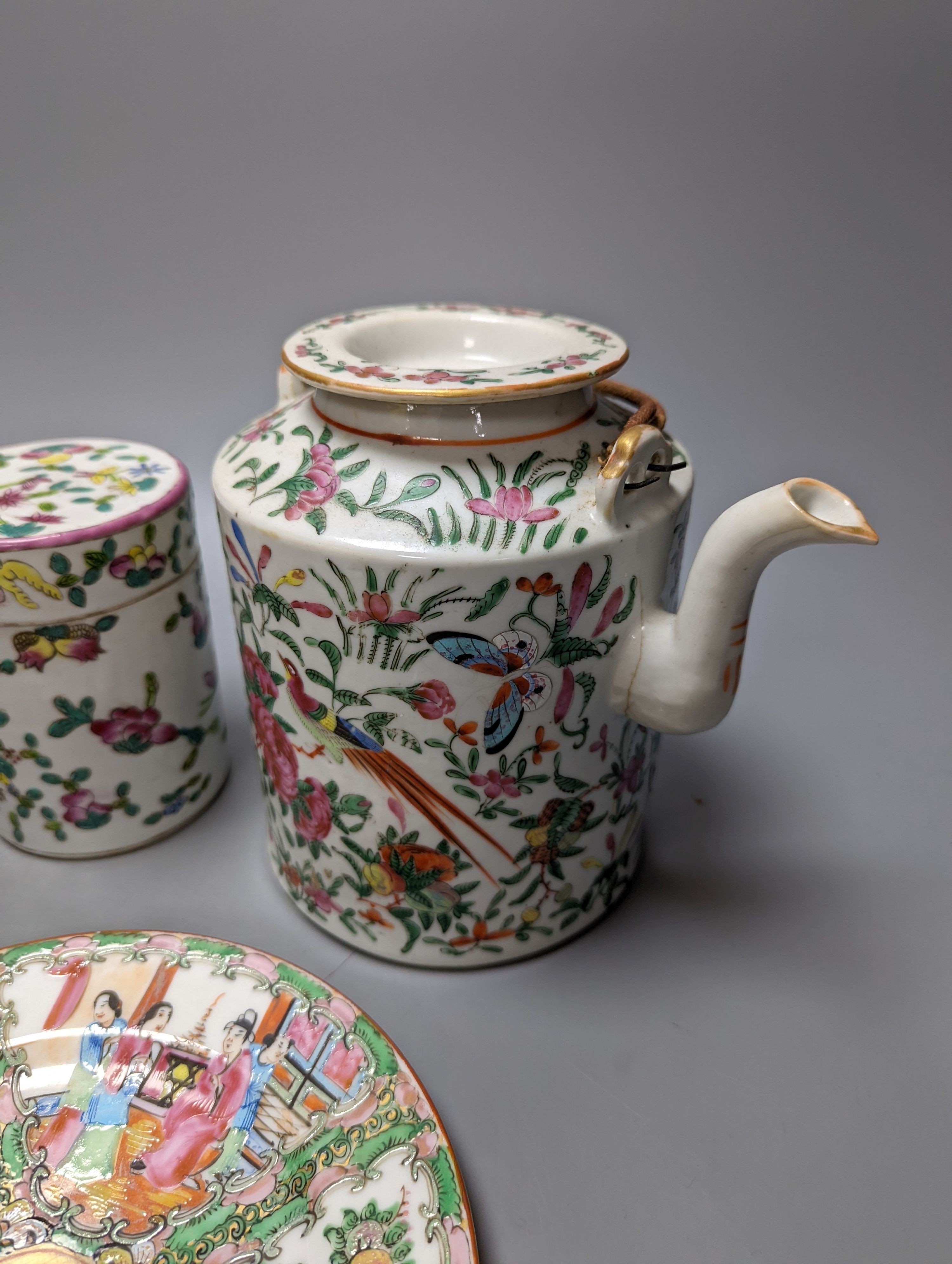 A group of 19th/20th century Chinese famille rose tea pots, plates, boxes and covers and a dish